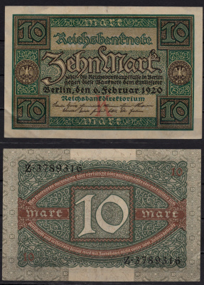 Германия 10 марок 1920 Pick 67a бумага 8602-26-1-2