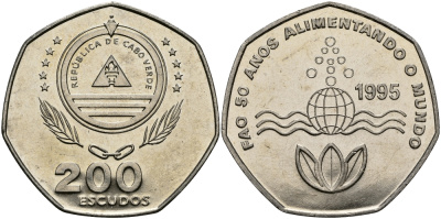Кабо-Верде 200 эскудо 1995 50 лет FAO KM 34 медно-никель UNC 3333-915