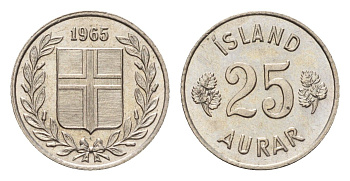 Исландия 25 эйре 1965 KM 11 медно-никель UNC 4690-632
