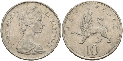 Великобритания 10 пенсов 1974 Елизавета II (1952-2022) KM 912, Spink 4231 (F1) медно-никель 4150-755