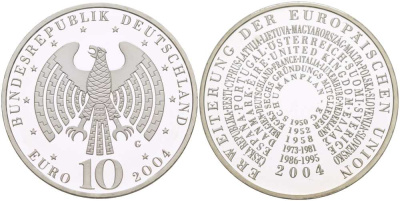 ФРГ 10 евро 2004 G, расширение Евросоюза KM 231, DE.S 10.14 серебро PROOF 1085-5-63