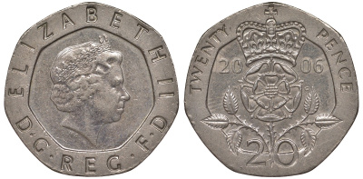Великобритания 20 пенсов 2006 Елизавета II (1952-2022) KM 990, Spink 4630 (G3) медно-никель 4122-1143