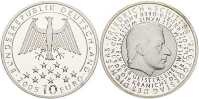 ФРГ 10 евро 2005 G, 200 лет со дня смерти Фридриха фон Шиллера KM 239, DE.S. 10.20 серебро PROOF 1076-3-53