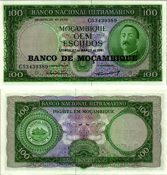 Мозамбик 100 эскудо 1961 (1976) надпечатка на 1961, Айрес де Орнелас  Pick 117 a бумага UNC (пресс) 7116-48-2-1