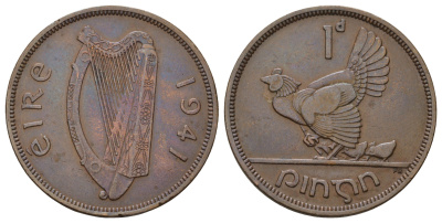 Ирландия 1 пенни 1941 курица с цыплятами KM 11 бронза 4512-924