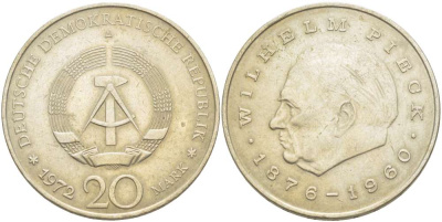 ГДР 20 марок 1972 А, Вильгельм Пик (1876-1960) KM 42 медно-никель 4521-435