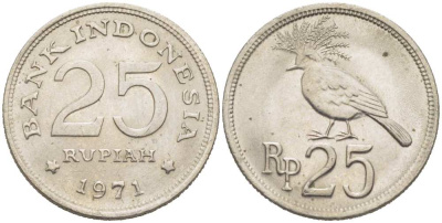 Индонезия 25 рупий 1971 венценосный голубь KM 34 медно-никель 217-553