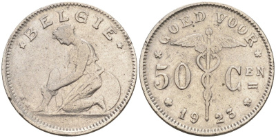 Бельгия 50 сантимов 1923 BELGIE, Альберт I KM 88 никель 4594-357