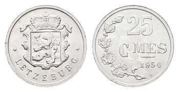 Люксембург 25 сантимов 1954 Шарлотта (1918-1964) KM 45a алюминий 4705-556