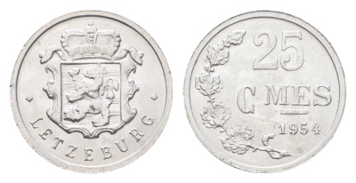 Люксембург 25 сантимов 1954 Шарлотта (1918-1964) KM 45a алюминий 4705-556