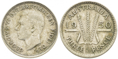Австралия 3 пенса 1950 m, Георг VI (1937-1952), без букв KM 44 серебро 3851-1043
