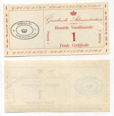 Гренландия 1 скиллинг 1942 торговый сертификат Pick M8 бумага UNC (пресс) 451-258-1