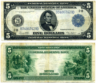 США 5 долларов 1914 серебряный сертификат, Авраам Линкольн, Буква В (Нью-Йорк), подписи WHITE & MELLON, голубая серия Pick 359bB (4-1)  бумага   451-114-1