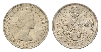 Великобритания 6 пенсов 1967 Елизавета II (1952-2022) KM 903, Spink 4149 медно-никель 192-1059