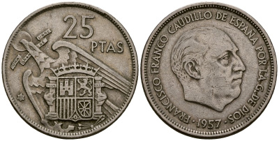 Испания 25 песет 1957 Франсиско Франко (1939-1975) KM 787 медно-никель 4165-943