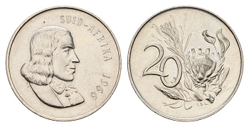 ЮАР 20 центов 1966 Ян ван Рибек (1619-1677), Suid Africa, легенда на африкаанс, цветок протея KM 69.2 никель UNC 4678-1026