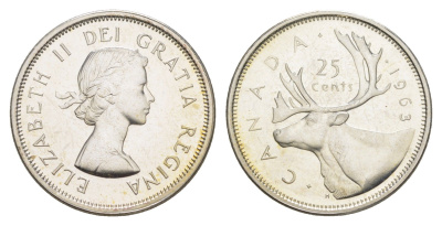 Канада 25 центов 1963 Елизавета II (1952-2022), олень KM 52 серебро UNC 55-112