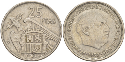 ИСПАНИЯ 25 ПЕСЕТ 1957 (59) ФРАНСИСКО ФРАНКО ДИКТАТОР ИСПАНИИ ( 1939- 1975) KM 787 медно-никель 216-717