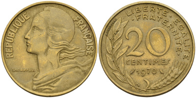 Франция 20 сантимов 1970 тип Марианна KM 930 медь алюминий никель    4153-412