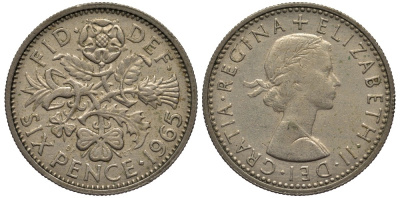 Великобритания 6 пенсов 1965 Елизавета II (1952-2022) KM 903, Spink 4149 медно-никель 4538-647