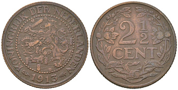 Нидерланды 2 1/2 цента 1913 Вильгельмина (1890-1948) KM 150 бронза 4582-1214