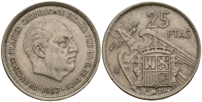 Испания 25 песет 1957 (68) KM 787 медно-никель 92-727