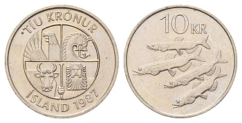 Исландия 10 крон 1987 рыбы KM 29.1 медно-никель 4691-237