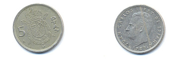ИСПАНИЯ 5 ПЕСЕТ 1982 KM 823 медно-никель 54-1857