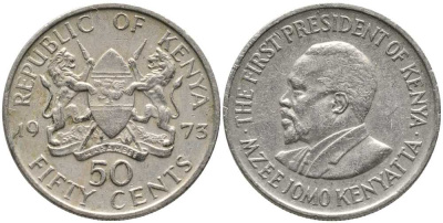 Кения 50 центов 1973 Джомо Кениата KM 13 медно-никель 110-615
