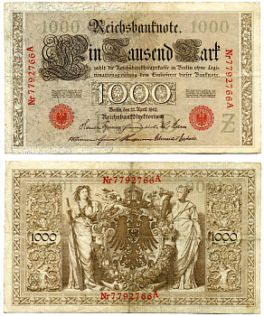 Германия 1000 марок 1910 21 апреля 1910, красная печать, номер семизначный, серия A, буква Z, выпуск ОКТЯБРЬ 1918 - ЯНВАРЬ 1919 Pick 44, Роземберг 45b бумага VF 8606-36-2-2