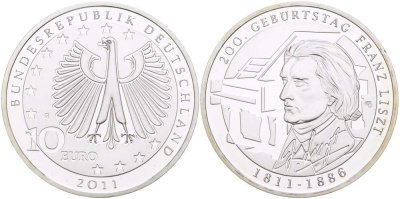 ФРГ 10 евро 2011 G, 200 лет со дня рождения Франца Листа KM 295, DE.S. 10.55 серебро PROOF 1082-9-33