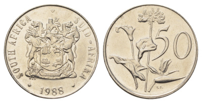 ЮАР 50 центов 1988 Зантедеския Эллиота (калла), герб KM 87 никель UNC 4693-844