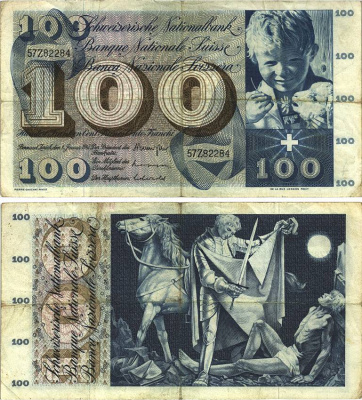 Швейцария 100 франков 1967 1 января 1967, серия 57 Z, подпись 42 Pick 49 i бумага 8606-26-1-1