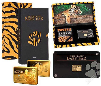 Ниуэ 5 долларов 2011 серия Brilliant baby bar, тигренок, вес 1 гр., тираж 5000 экземпляров, номер 2998, вставка бриллиант, в оригинальной упаковке с сертификатом KM 620 золото  PROOF  1-5-2-02