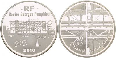 Франция 10 евро 2010 центр  Жоржа Помпиду KM 1686 серебро PROOF 11-076-23