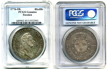 Швеция 1 риксдалер 1776 O.L., Густав III (1771-1792), в слабе PCGS, редкий серебро 15-001-08