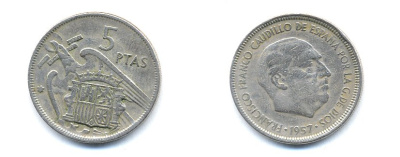 ИСПАНИЯ 5 ПЕСЕТ 1964 KM 786 медно-никель 54-1446