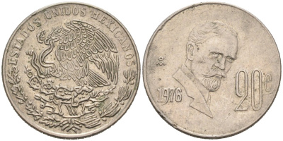 Мексика 20 сентаво 1976 Франциско Индалеси KM 442 медно-никель 4567-332
