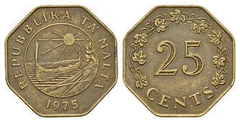 Мальта 25 центов 1975 год-тип KM 29 латунь 4672-112