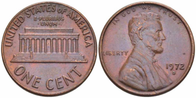 США 1 ЦЕНТ 1972 D, ЛИНКОЛЬН KM 201 медь цинк 105-625