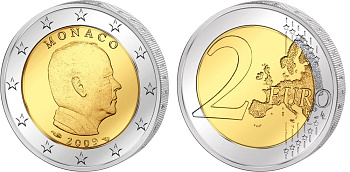 Монако 2 евро 2009 Князь Альберт II KM 195 биметалл UNC 4571-912