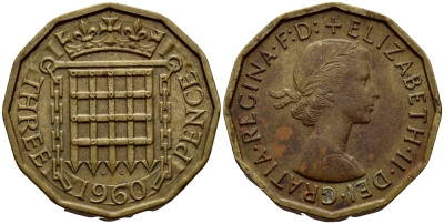 Великобритания 3 пенса 1960 Елизавета II (1952-2022) KM 900, Spink 4153 никель латунь 4393-722