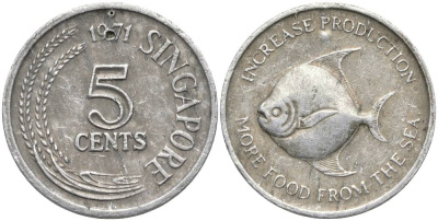 СИНГАПУР 5 ЦЕНТОВ 1971 FAO, РЫБА KM 31 алюминий 55-157