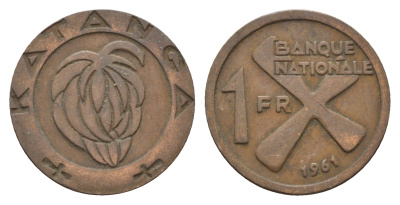 Катанга 1 франк 1961 Заир, балубский крест, связка бананов KM 1 бронза 36-425