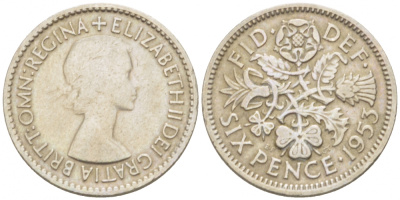 Великобритания 6 пенсов 1953 Елизавета II (1952-2022) KM 889, Spink 4141 медно-никель 3955-368
