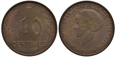Люксембург 10 сантимов 1930 Шарлотта (1918-1964) KM 41 бронза 4538-734