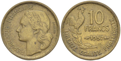 ФРАНЦИЯ 10 ФРАНКОВ 1957 KM 915.1, LE FRANC 363.13 алюминиевая бронза 4551-327