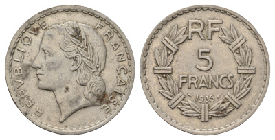 Франция 5 франков 1935 KM 888 никель 4634-1121