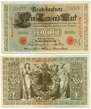 ГЕРМАНИЯ 1000 МАРОК 1910 КРАСНАЯ ПЕЧАТЬ, 7 ЦИФР В НОМЕРЕ Pick 44b бумага 7116-13-1