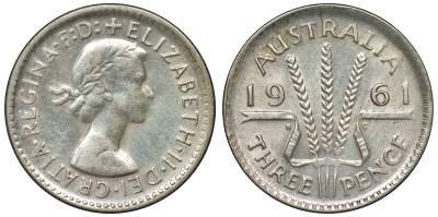Австралия 3 пенса 1961 m, Елизавета II (1952-2022) KM 57 серебро 71-762